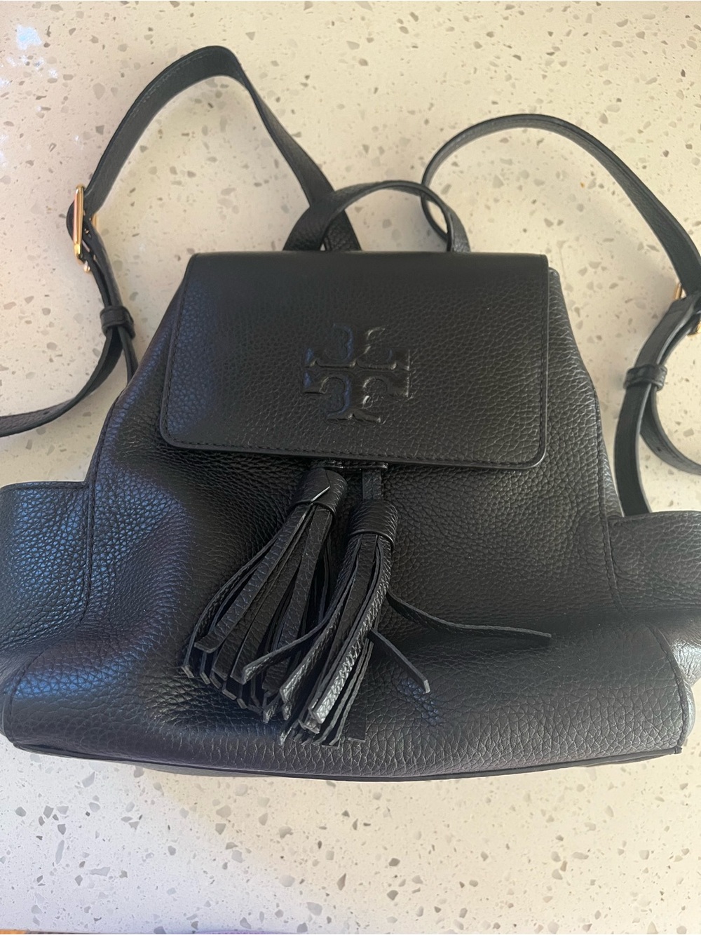 Tory Burch Black Pebbled Leather Tassel Backpack thea mini